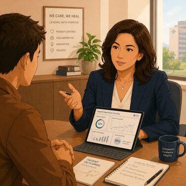 A workplace coaching conversation with a participant reviewing feedback notes and progress data.
